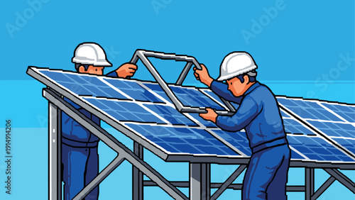 Workers installing solar panels on rooftop in pixel art style