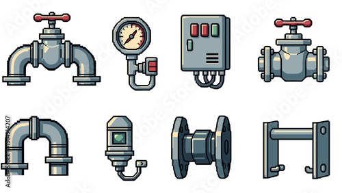 Pixel art plumbing icons set with equipment and tools for industrial design