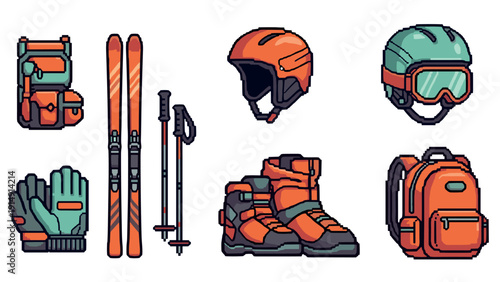 Pixel art ski equipment: helmets, poles, backpacks, boots, and more in vibrant colors