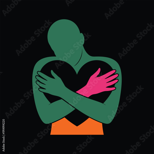 Self hug heart symbol with silhouette person embracing self love compassion and acceptance concept