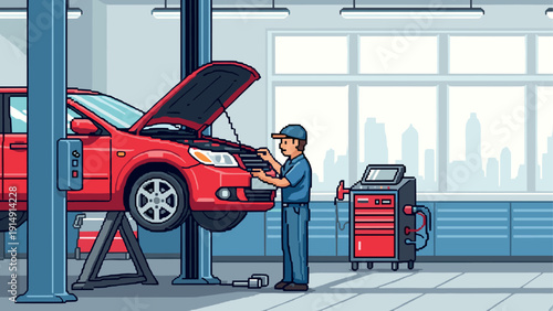 Mechanic examining car in workshop using vintage pixel art design