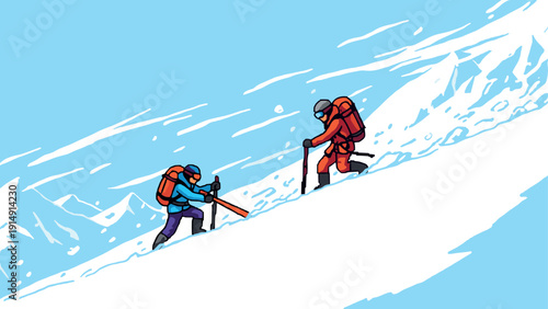Pixel art climbers ascend snowy mountain in retro adventure scene