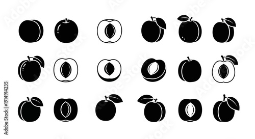 Collection of black and white peach icons in various styles and orientations on a plain background