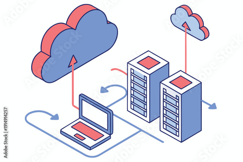 Modern cloud and server infrastructure connected to a laptop for remote access