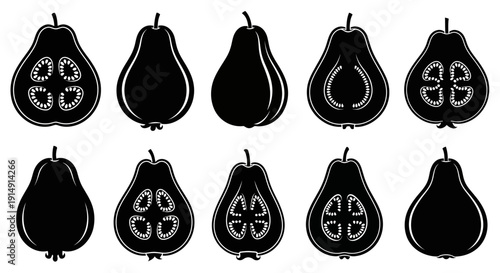 Set of black pear illustrations with white outlines and decorative seeds on a plain background