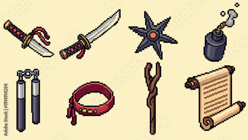 Retro pixel art of ninja weapons and magic tools with vintage charm