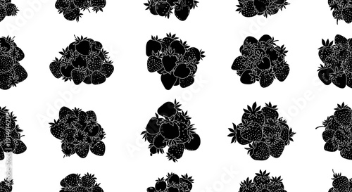 Blackberry clusters arranged in rows on a white background with grid lines showcasing multiple blackberries with leaves