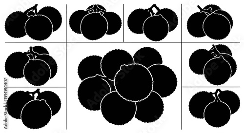 Silhouette of multiple clusters of blackberries on white background illustration of various berry arrangements