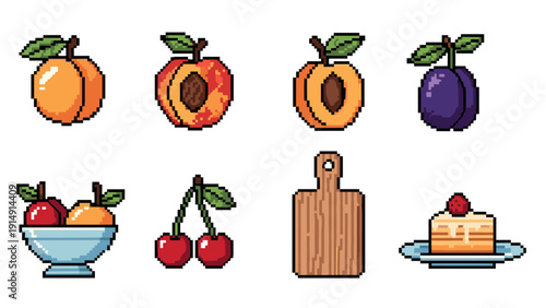 Pixel art fruits and dessert icon set with chopping board and bowl