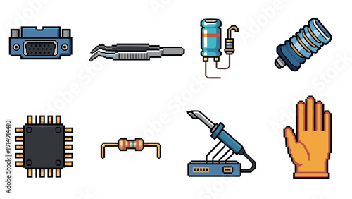 Pixel art electronics icons set: tools and components for diy projects