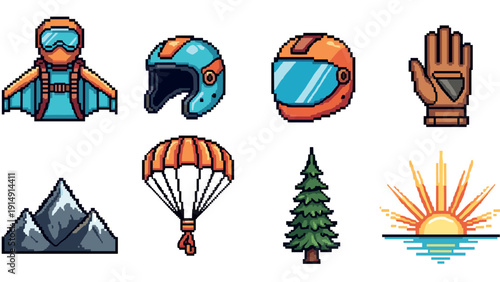 Retro adventure icons: pixel art helmet, parachute, mountain, and more