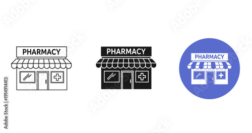 Pharmacy icons set: outline, solid, and blue background versions