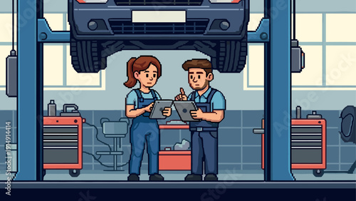 Mechanics discussing car repairs in modern automotive workshop scene