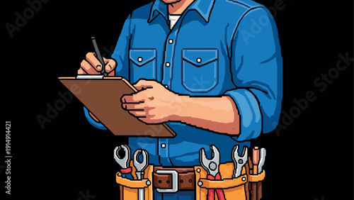 Pixel art craftsman with tools and clipboard in retro style