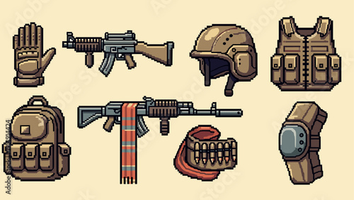 Pixel art military gear: helmet, rifle, body armor, gloves, backpack, and ammo belt