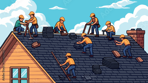 Construction workers installing roof shingles in retro pixel art style