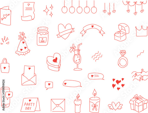 collection of hand-drawn red outline doodles featuring romantic themes and Valentine's Day symbols. minimalist