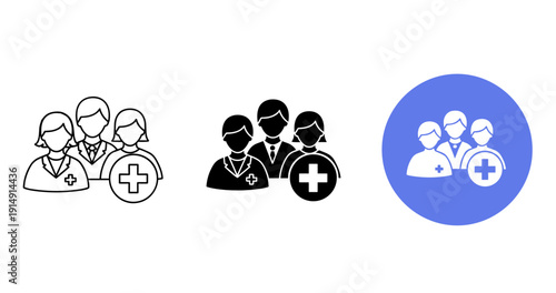 Medical team icons: diverse healthcare professions in black and white design