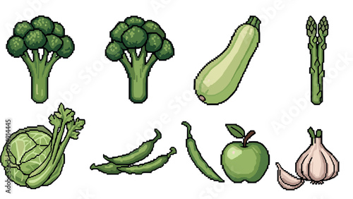 Pixel art vegetables collection featuring broccoli, zucchini, asparagus, and more