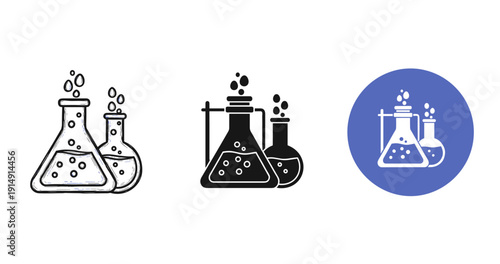 Laboratory glassware icons: beakers and flasks with bubbles in black and blue circle design