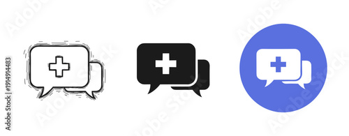 Healthcare chat symbols: black and blue speech bubbles with medical cross icon