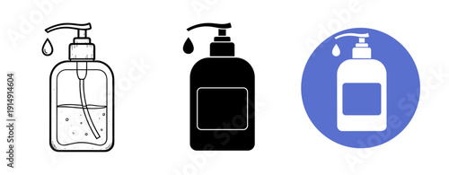 Soap dispenser icons: line art, silhouette, and graphic design variations
