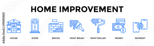 Home Improvement Banner Web Icon Set Collection Pack Vector Illustration Concept For House, Door, Bricks, Paint Brush, Paint Roller, Money, Payment