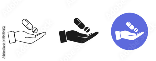 Three hand and pill icons: outline, silhouette, color variations on white background