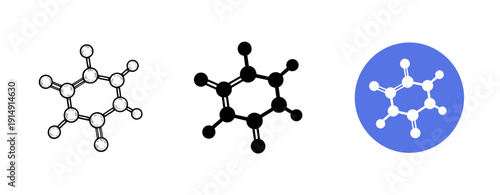 Comparison of benzene molecule structures: skeletal, ball-and-stick, stylized