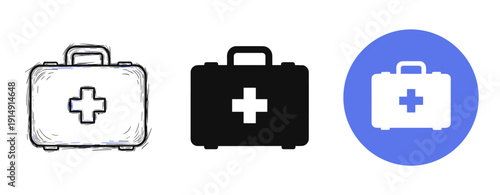 Three first aid kit icons in different styles on white background