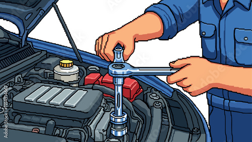 Mechanic using wrench to repair car engine in retro pixel art style