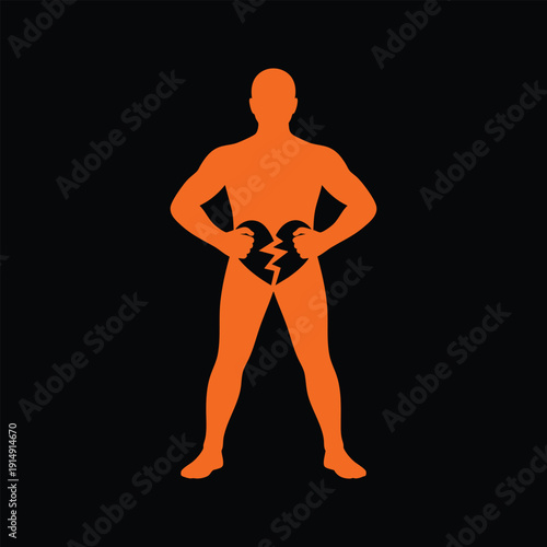 Orange silhouette of man with broken heart symbol, representing heartbreak and emotional pain.