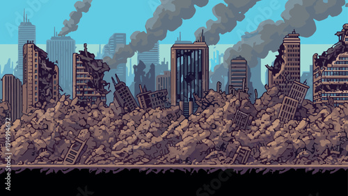 Pixel art urban ruins with collapsed buildings and smoky skies