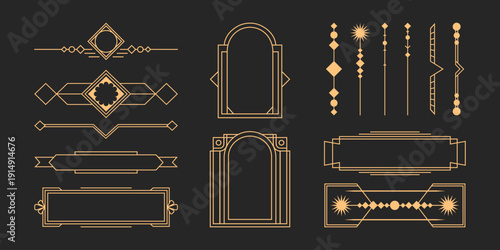 Golden vintage frames vector set. Luxury deco design in line art. Ar deco gatsby style elements.