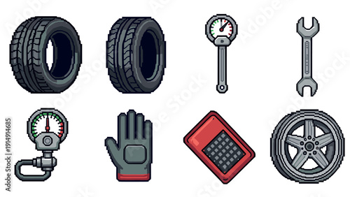 Retro pixel automotive icons set featuring tools and accessories