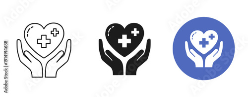 Heart and hands icon set: medical care symbol in black, white, and blue
