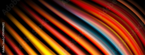 Abstract colorful lines curve, creating dynamic visual effect. Bright hues blend into darkness. Striking contrast dominates composition.