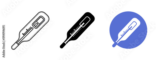 Digital thermometer icons in black, white, and blue variations