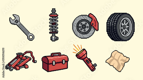Pixel art car repair icons set: toolbox, flashlight, tire, and more