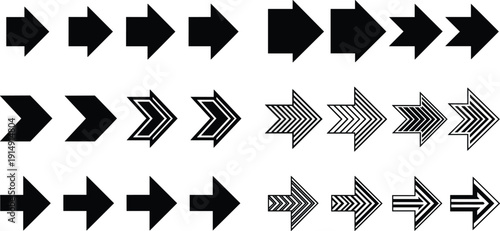Black arrow icon set with bold solid and striped directional symbols isolated on white background