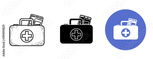 First aid kit icons: sketch, silhouette, and blue circle variations