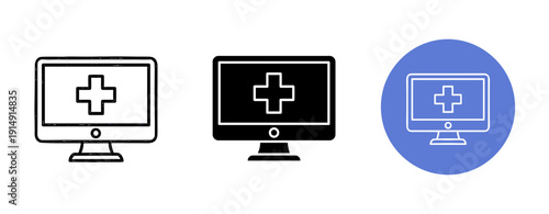 Medical computer icons set with cross symbol in black and blue