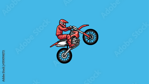 Pixel art motocross rider in mid-air stunt on blue background