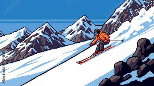 Energetic skier descending snowy mountain in dynamic pixel art style