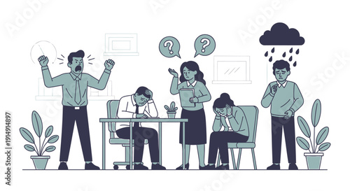 Vector illustration of stressed office workers with frustrated expressions and confused thoughts around a meeting table
