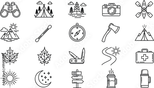 Camping and hiking outline icon set with outdoor adventure travel equipment symbols isolated on light background