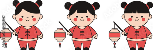 Three children in traditional attire holding lanterns during a cultural celebration, viewed from the front