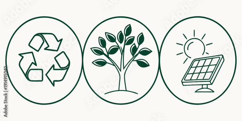 Sustainable living represented by recycling, nature, and renewable energy icons