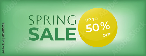 Green spring sale banner with yellow circle badge showing up to 50 percent off discount offer.