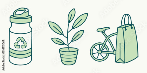 Illustration of sustainable living and eco-friendly practices with recycling, gardening, and biking